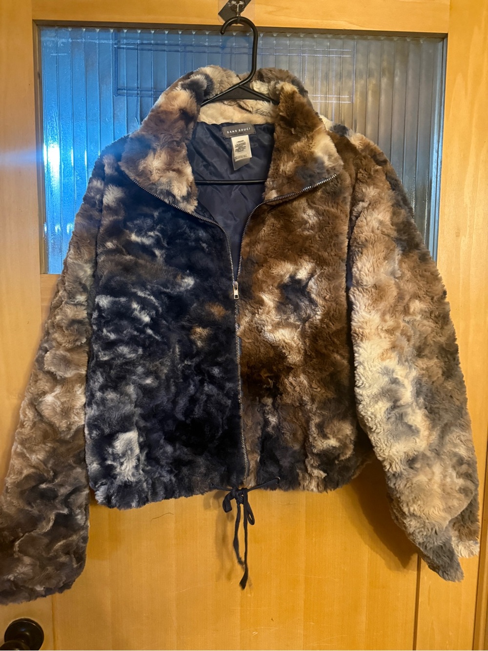 Sans Souci Faux Fur High Collar Zip Cinch Hem Cropped Waist Jacket L Blue/brown